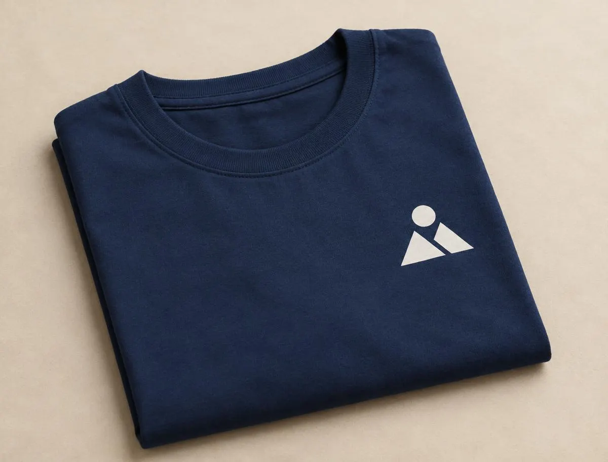 Navyblå T-shirt med hvidt logo trykt på venstre bryst